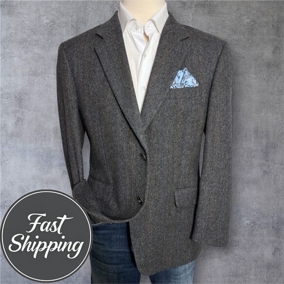 Cricketeer Vintage Mens Gray Tweed Blazer 44S Wool Herringbone Sport Coat Jacket - Picture 1 of 15